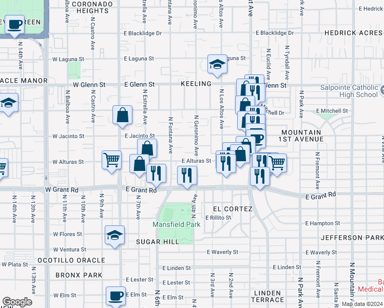 map of restaurants, bars, coffee shops, grocery stores, and more near 2530 North Geronimo Avenue in Tucson
