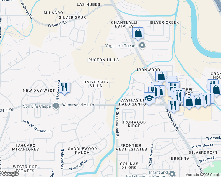 map of restaurants, bars, coffee shops, grocery stores, and more near 2550 West Ironwood Hill Drive in Tucson