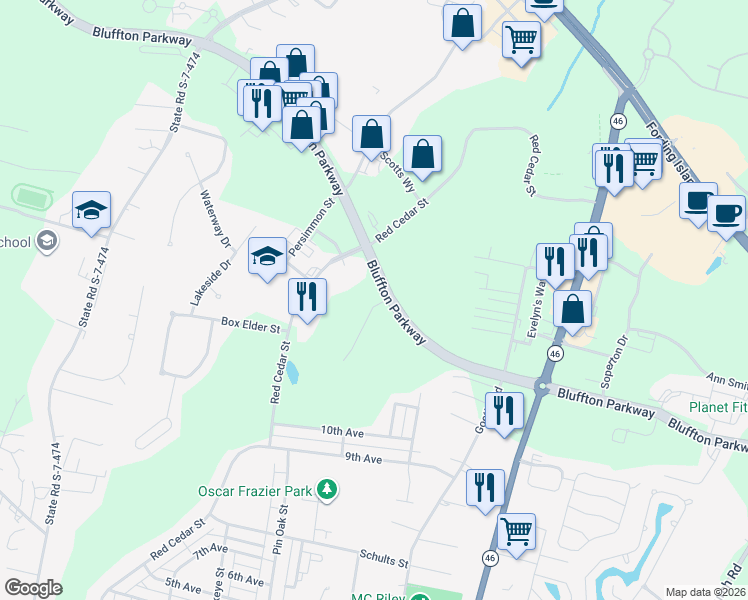map of restaurants, bars, coffee shops, grocery stores, and more near 4498 Bluffton Parkway in Bluffton