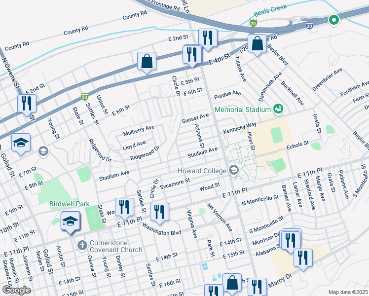 map of restaurants, bars, coffee shops, grocery stores, and more near 1505 Kentucky Way in Big Spring