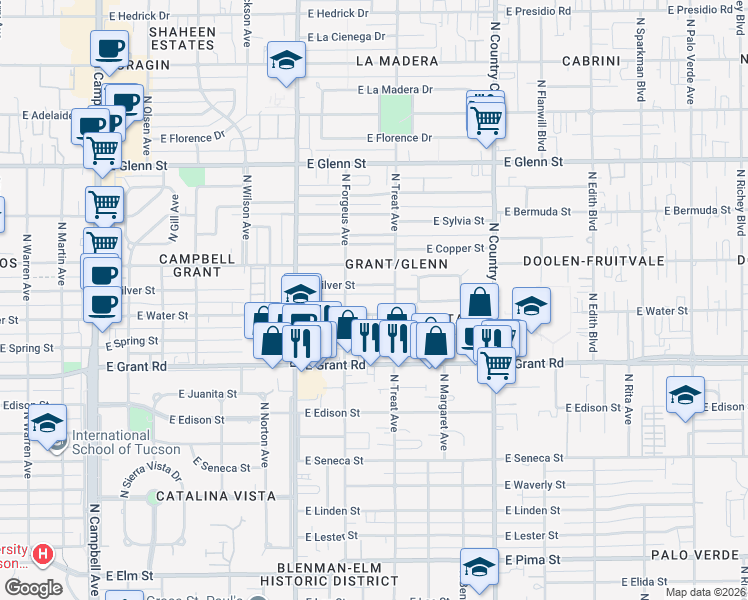 map of restaurants, bars, coffee shops, grocery stores, and more near 2624 East Alturas Street in Tucson