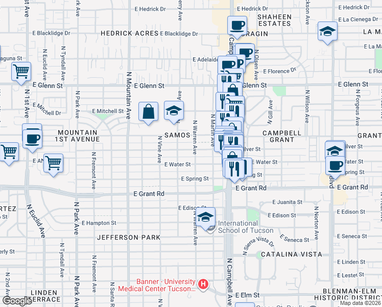map of restaurants, bars, coffee shops, grocery stores, and more near 1628 East Silver Street in Tucson