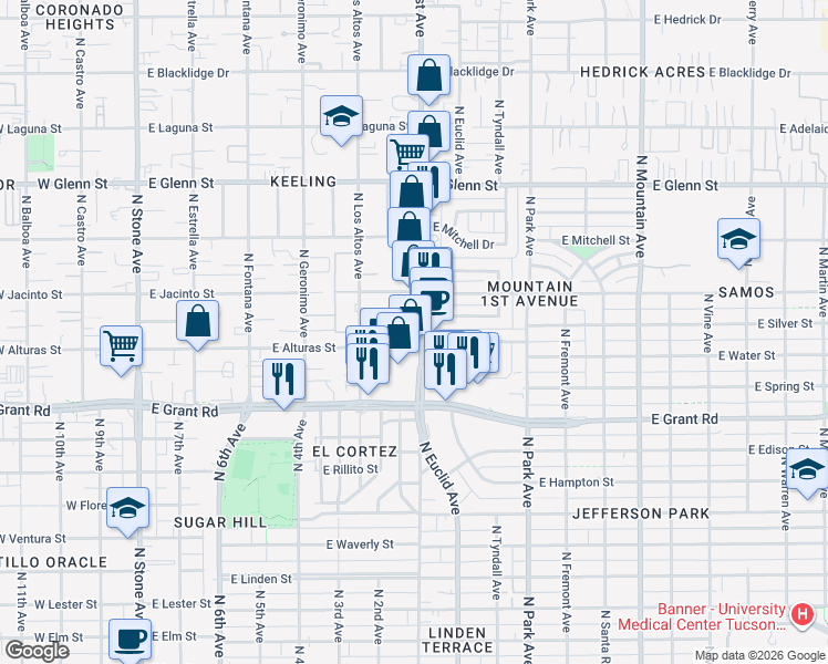 map of restaurants, bars, coffee shops, grocery stores, and more near 2525 North 1st Avenue in Tucson