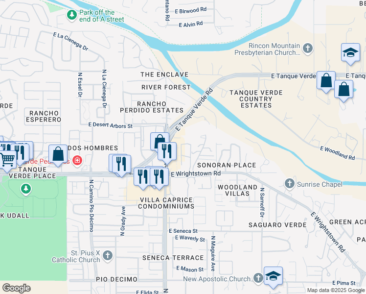 map of restaurants, bars, coffee shops, grocery stores, and more near 2434 North Shade Tree Lane in Tucson