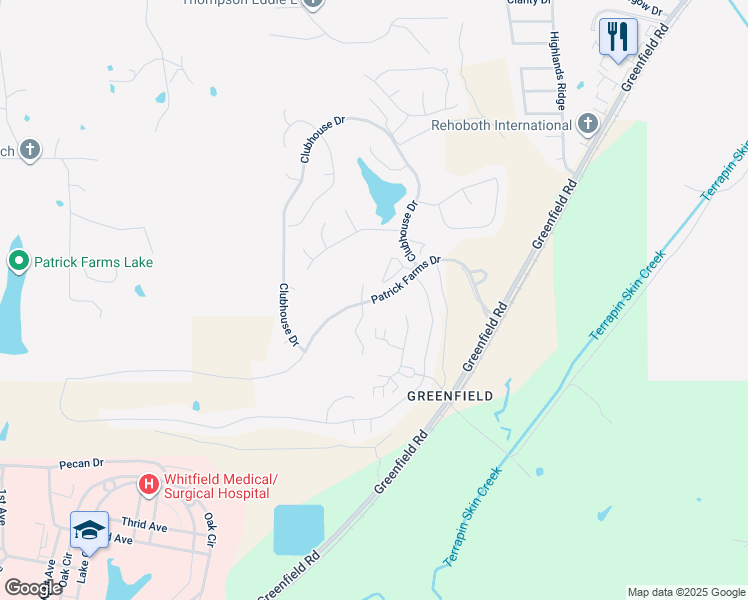 map of restaurants, bars, coffee shops, grocery stores, and more near Patrick Farms Drive in Pearl