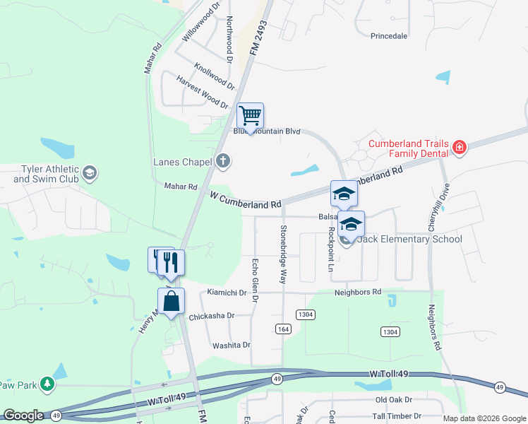 map of restaurants, bars, coffee shops, grocery stores, and more near 2257 Balsam Gap in Tyler