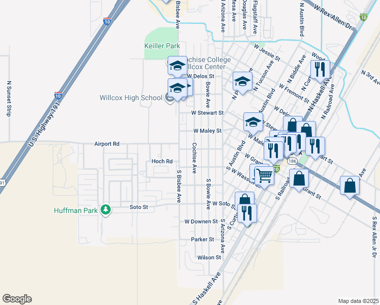 map of restaurants, bars, coffee shops, grocery stores, and more near 208 Cochise Avenue in Willcox