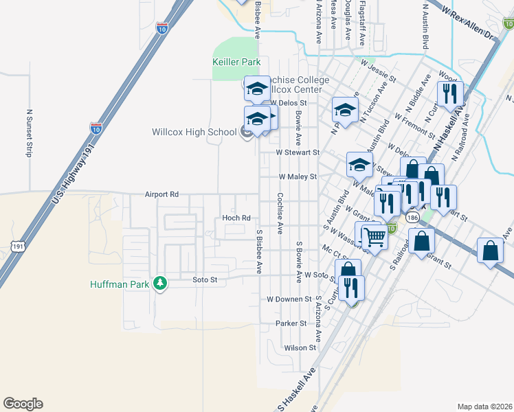map of restaurants, bars, coffee shops, grocery stores, and more near 110 South Bisbee Avenue in Willcox