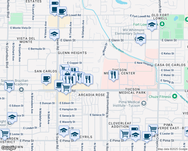 map of restaurants, bars, coffee shops, grocery stores, and more near 5013 East Water Street in Tucson