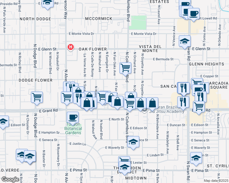 map of restaurants, bars, coffee shops, grocery stores, and more near 2520 North Fair Oaks Avenue in Tucson