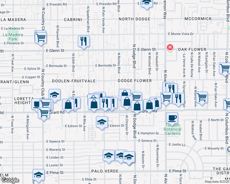 map of restaurants, bars, coffee shops, grocery stores, and more near 3527 East Water Street in Tucson
