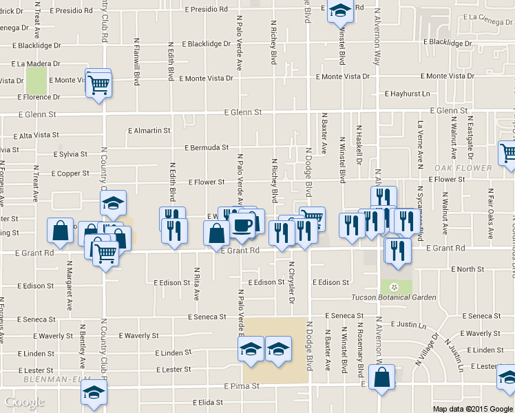 map of restaurants, bars, coffee shops, grocery stores, and more near 3527 East Water Street in Tucson