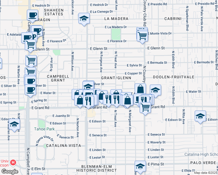 map of restaurants, bars, coffee shops, grocery stores, and more near 2721 East Alturas Street in Tucson