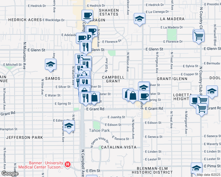 map of restaurants, bars, coffee shops, grocery stores, and more near 2126 East Silver Street in Tucson
