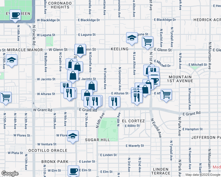 map of restaurants, bars, coffee shops, grocery stores, and more near 2526 North Fontana Avenue in Tucson