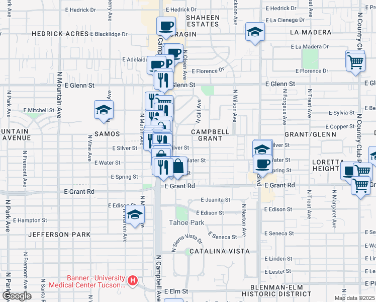 map of restaurants, bars, coffee shops, grocery stores, and more near 2026 East Silver Street in Tucson