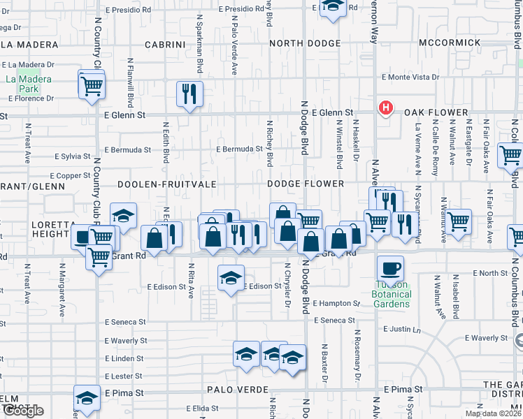 map of restaurants, bars, coffee shops, grocery stores, and more near 3527 East Water Street in Tucson