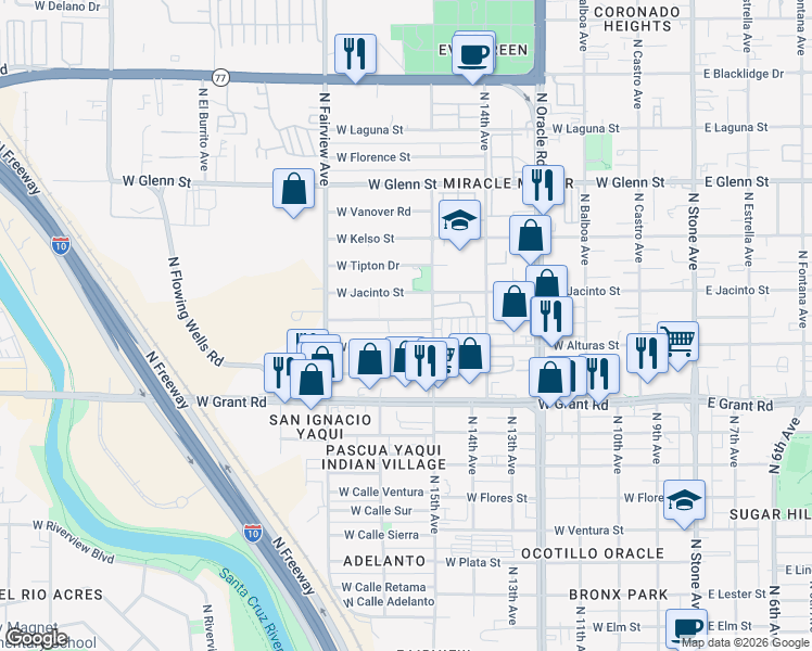map of restaurants, bars, coffee shops, grocery stores, and more near 731 West Paris Promenade in Tucson