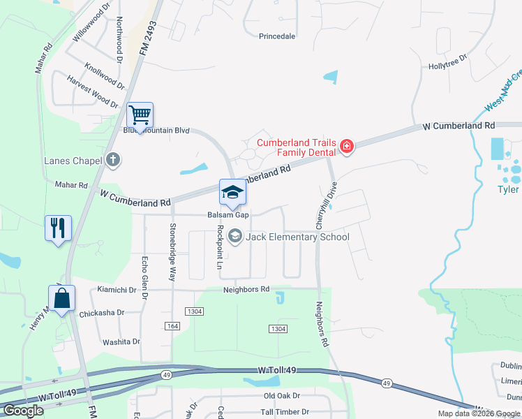 map of restaurants, bars, coffee shops, grocery stores, and more near 1813 Balsam Gap in Tyler