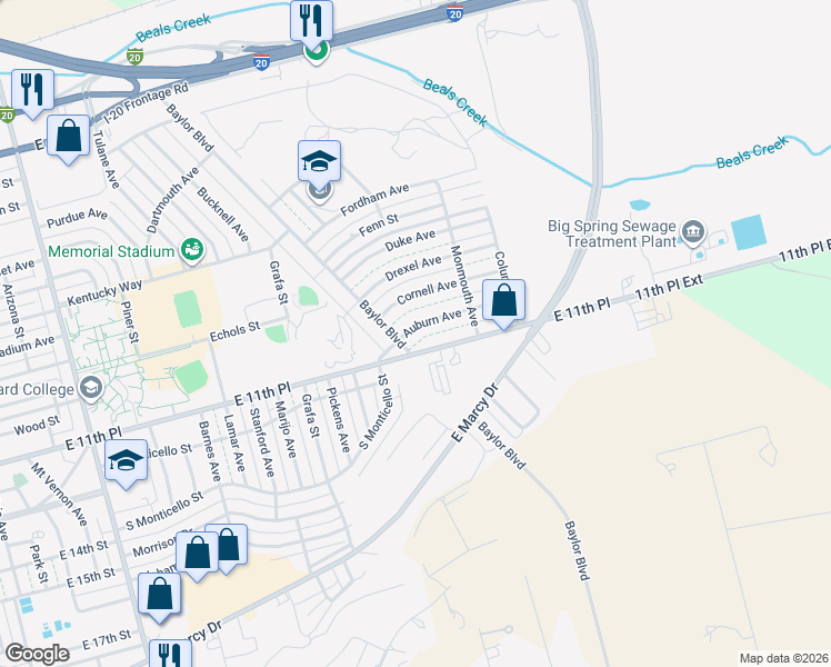 map of restaurants, bars, coffee shops, grocery stores, and more near 3204 Auburn Avenue in Big Spring