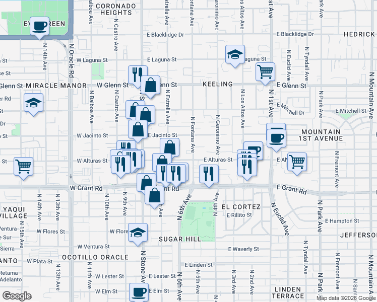 map of restaurants, bars, coffee shops, grocery stores, and more near 2535 North Fontana Avenue in Tucson