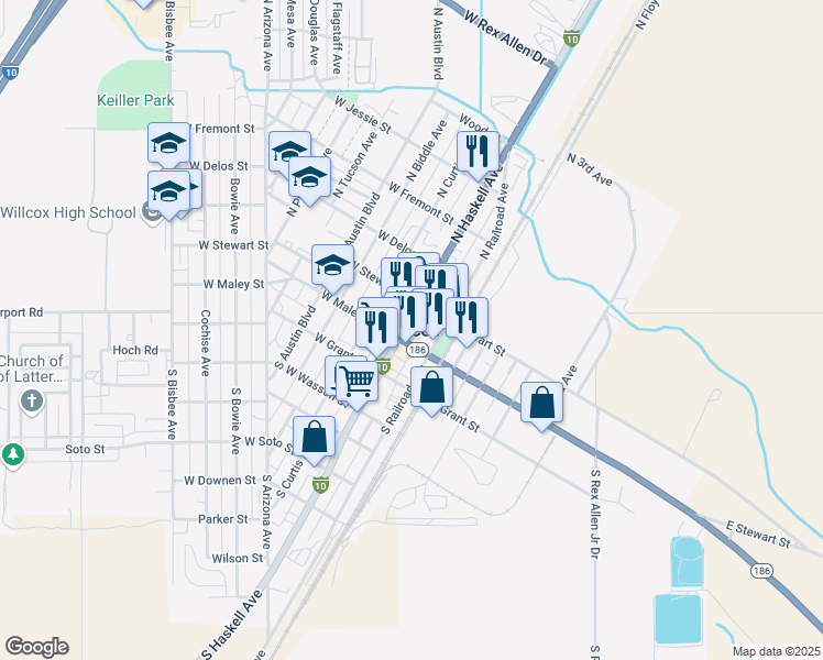 map of restaurants, bars, coffee shops, grocery stores, and more near in Willcox