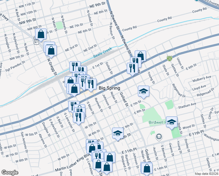 map of restaurants, bars, coffee shops, grocery stores, and more near in Big Spring