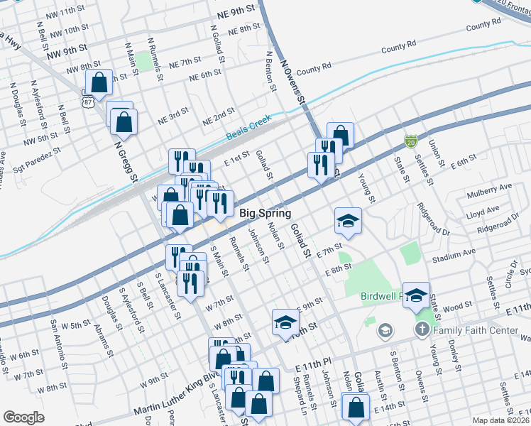 map of restaurants, bars, coffee shops, grocery stores, and more near in Big Spring