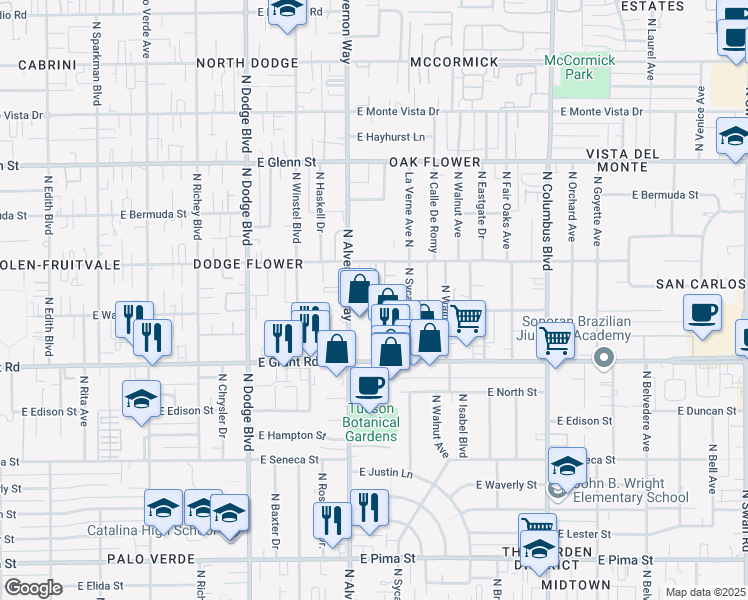 map of restaurants, bars, coffee shops, grocery stores, and more near 2525 Crow Creek Lane in Tucson