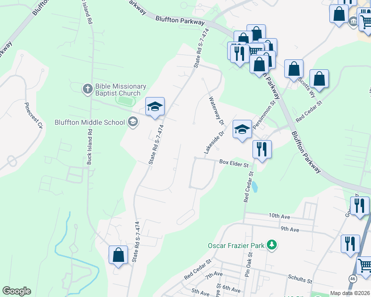 map of restaurants, bars, coffee shops, grocery stores, and more near 50 Sugaree Drive in Bluffton