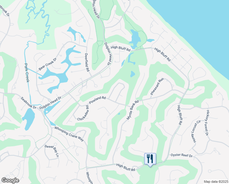 map of restaurants, bars, coffee shops, grocery stores, and more near 39 Field Sparrow Road in Hilton Head Island
