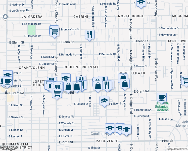 map of restaurants, bars, coffee shops, grocery stores, and more near 2522 North Sparkman Boulevard in Tucson