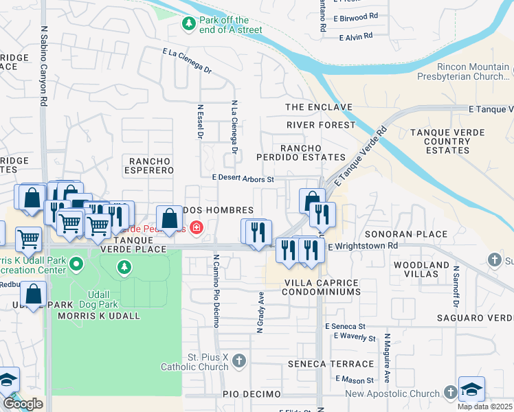 map of restaurants, bars, coffee shops, grocery stores, and more near 2521 North Yellow Flower Trail in Tucson