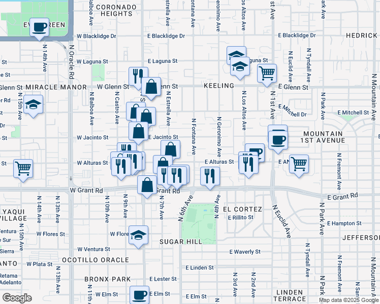 map of restaurants, bars, coffee shops, grocery stores, and more near 2535 North Fontana Avenue in Tucson