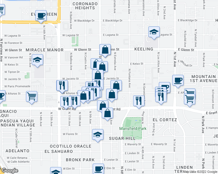 map of restaurants, bars, coffee shops, grocery stores, and more near 2525 North Estrella Avenue in Tucson