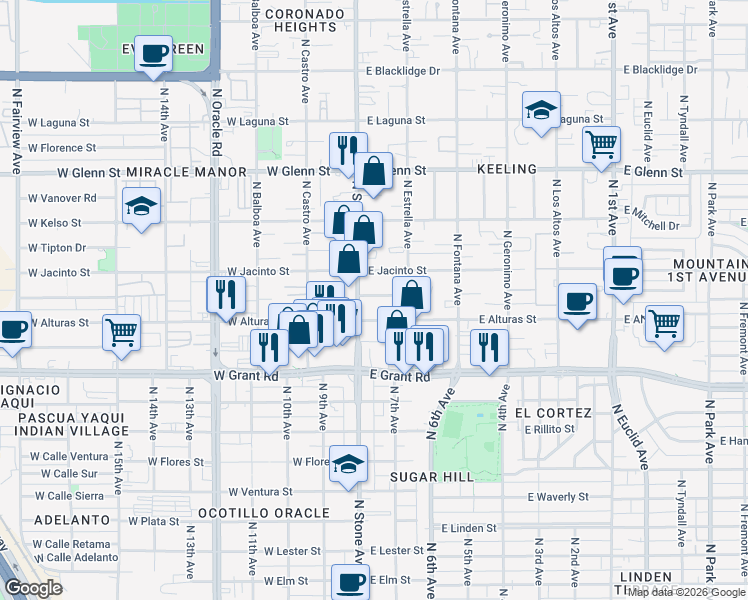map of restaurants, bars, coffee shops, grocery stores, and more near 18 East Mac Iver Place in Tucson