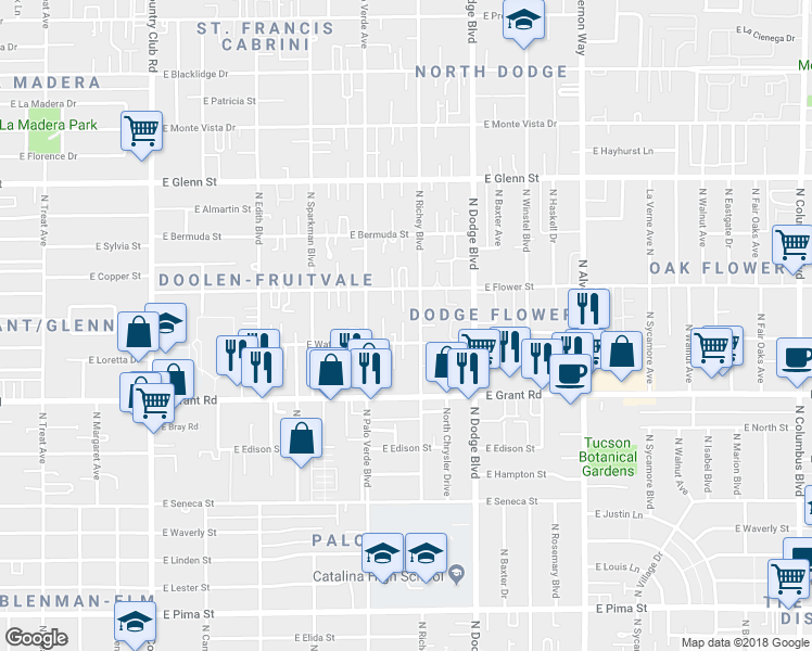 map of restaurants, bars, coffee shops, grocery stores, and more near 3551 East Water Street in Tucson