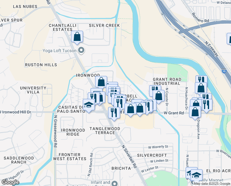 map of restaurants, bars, coffee shops, grocery stores, and more near 2121 West Splitwood Place in Tucson