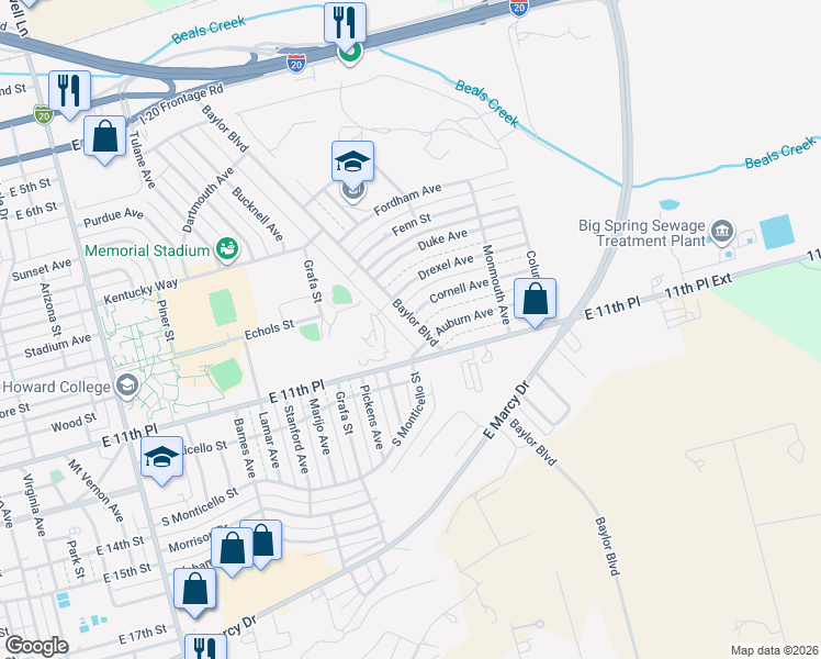 map of restaurants, bars, coffee shops, grocery stores, and more near 1630-1718 Baylor Boulevard in Big Spring