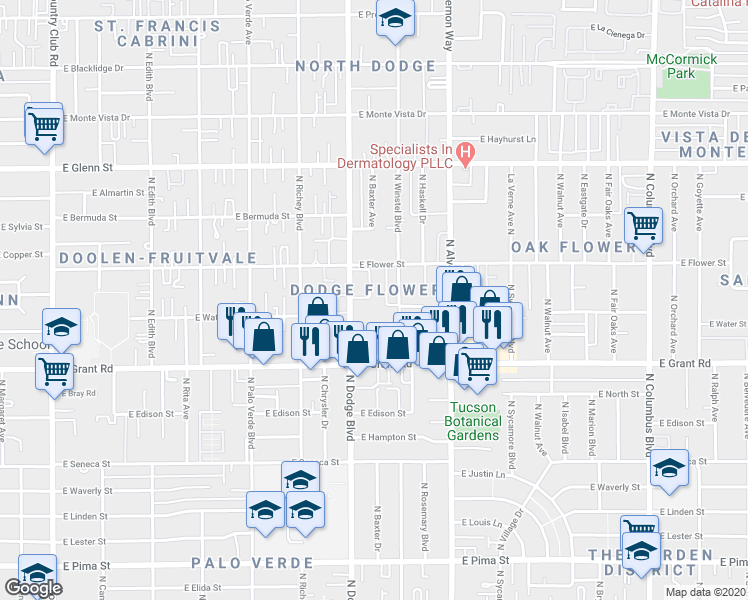 map of restaurants, bars, coffee shops, grocery stores, and more near 3751 East Grant Road in Tucson