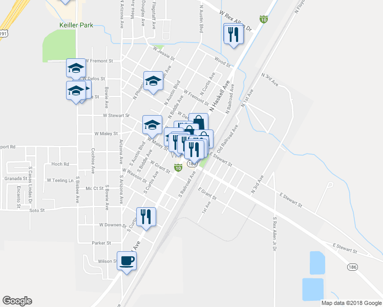 map of restaurants, bars, coffee shops, grocery stores, and more near 135 North Haskell Avenue in Willcox