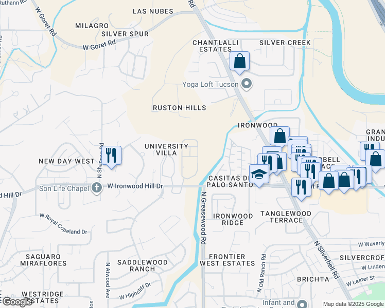 map of restaurants, bars, coffee shops, grocery stores, and more near 2550 West Ironwood Hill Drive in Tucson