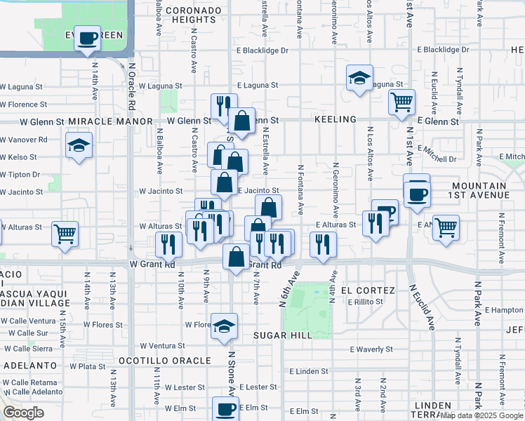 map of restaurants, bars, coffee shops, grocery stores, and more near 2525 North Estrella Avenue in Tucson