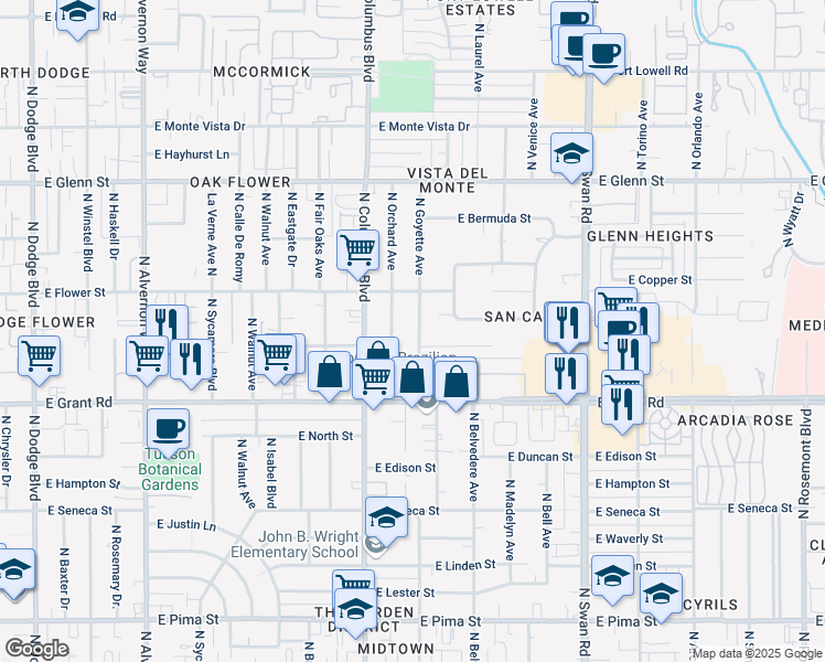 map of restaurants, bars, coffee shops, grocery stores, and more near 2513 North Goyette Avenue in Tucson