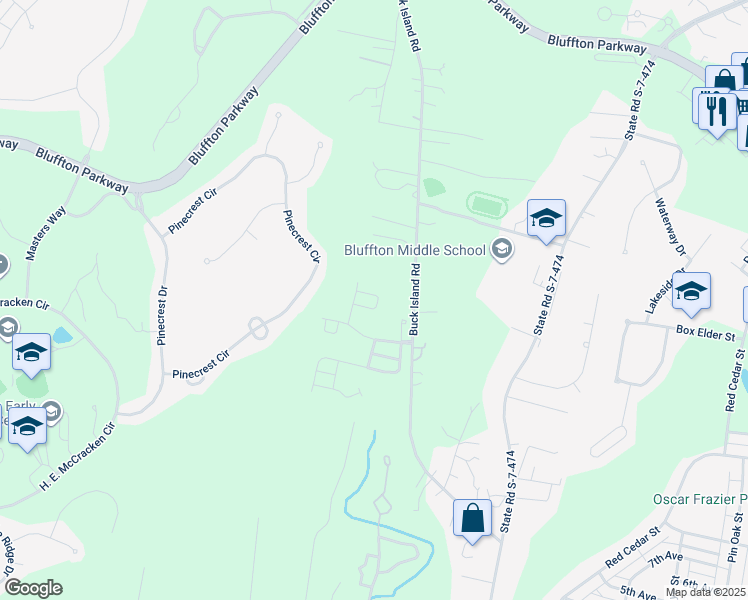 map of restaurants, bars, coffee shops, grocery stores, and more near 30 Blue Haw Court in Bluffton