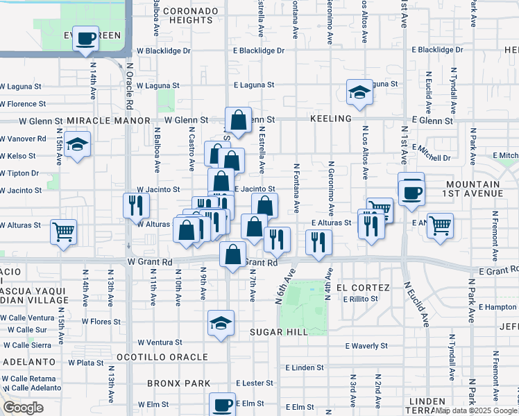 map of restaurants, bars, coffee shops, grocery stores, and more near 2525 North Estrella Avenue in Tucson