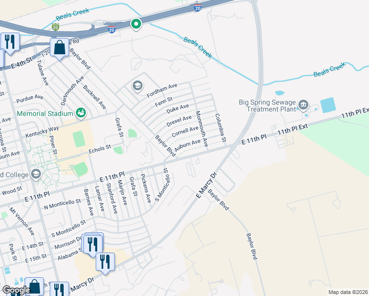 map of restaurants, bars, coffee shops, grocery stores, and more near 3204-3298 Auburn Avenue in Big Spring