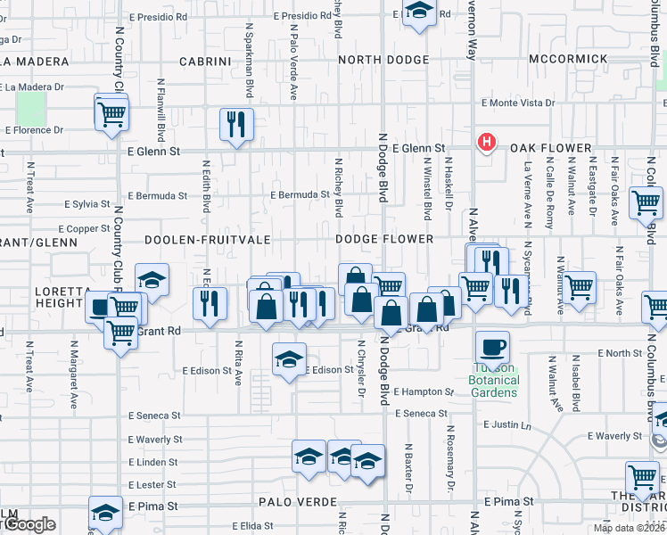 map of restaurants, bars, coffee shops, grocery stores, and more near 2524 North Richey Boulevard in Tucson