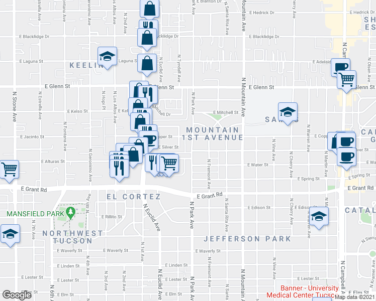 map of restaurants, bars, coffee shops, grocery stores, and more near 1005 East Silver Street in Tucson