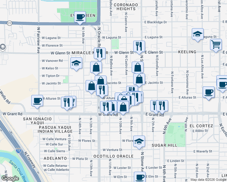 map of restaurants, bars, coffee shops, grocery stores, and more near 2526 North Balboa Avenue in Tucson